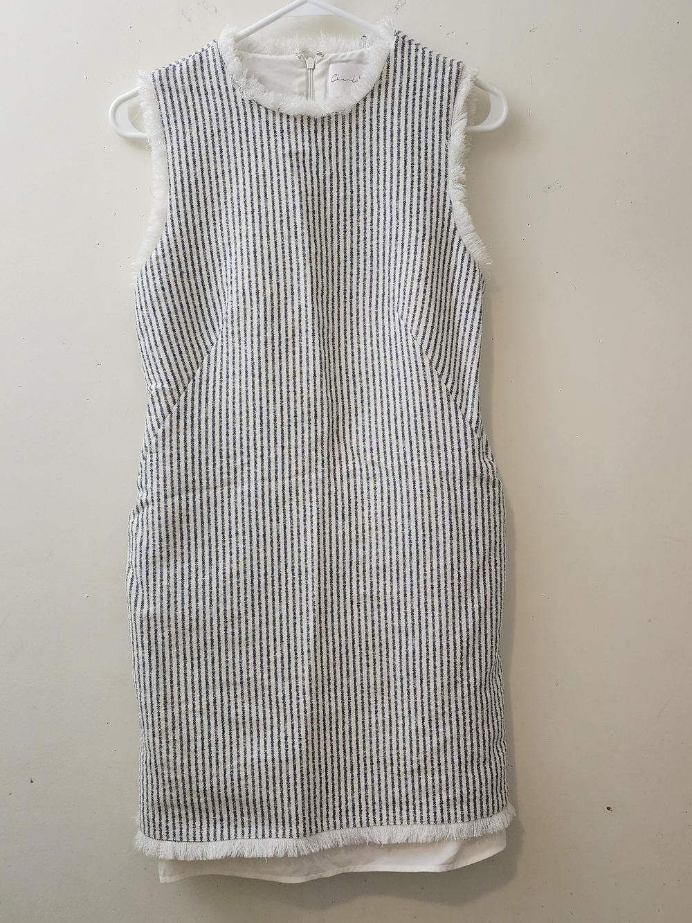 Charles Henry XS NWOT Navy Striped Sheath Dress Fringed Edges Career Creative